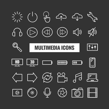 Set of multimedia outline icons. Thin icons for print, web, mobile apps
