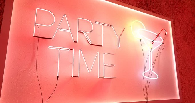 Blinking neon sign with texts Party Time and cocktail glass