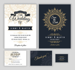Vintage wedding invitation Mehndi mandala design sets include Invitation card, Save the date, RSVP card, Thank you card. Vector illustration. print ready.