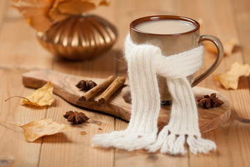 Cup Of Tea Or Coffee. Handmade Woolen Scarf. Spices. Olive Tree