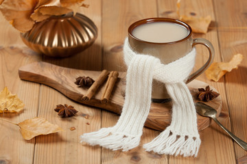 Cup Of Tea Or Coffee. Handmade Woolen Scarf. Spices. Olive Tree