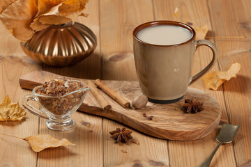 Cup Of Tea Or Coffee. Spices. Olive Tree Board. Wooden Table. Au