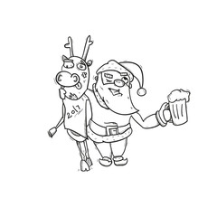 Funny cartoon hand drawn Santa and Deer vector illustration