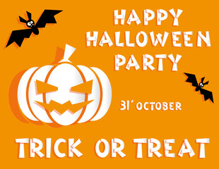 Holiday background. Title Happy Halloween party Trick or Treat and scary pumpkin backdrop on bats. Concept for design banner, flyer, poster. Vector illustration in flat style or baby paper applique
