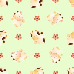 baby seamless pattern with a funny cute farm cows, on a light green background