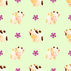 baby seamless pattern with a funny cute farm cows, on a light green background