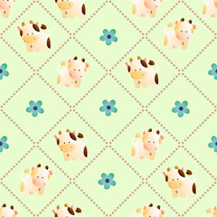 baby seamless pattern with a funny cute farm cows, on a light green background