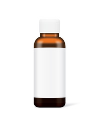 Vector brown glass bottle with white label have a white cap isolated on white. Ideal for medicine bottle mock up or serum container and other.