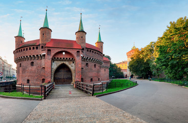 Kracow barbican - medieval fortifcation at city walls, Poland - obrazy, fototapety, plakaty