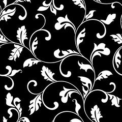 Stylish seamless pattern. Twisted spiral branches with leaves on a black background. The pattern can be used for printing on textiles, wallpaper, packaging