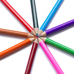 Fototapeta premium Many different colored pencils on white background