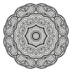 Round decorative ornament, black and white floral pattern, vector illustration