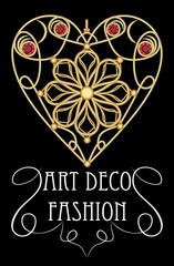 Gold filigree jewel in heart shape with red gems, ruby or garnet. Beautiful pendant in victorian style, art deco fashion, antique jewelry