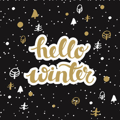 vectorblack background with funny hand drawn trees and hand drawn words hello winter 