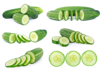 set of Fresh cucumber isolated over white background.