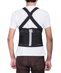 Worker man wear back support belts