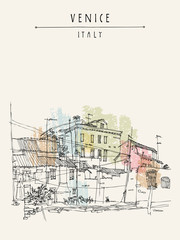 Fototapeta premium Canal bank in Venice, Italy, Europe. Historic buildings Vintage hand drawn travel sketch. Retro style touristic postcard, poster, calendar or book illustration