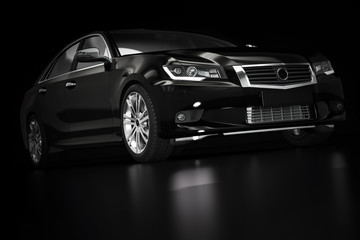 Modern black metallic sedan car in spotlight. Generic desing, brandless.