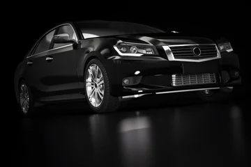 Foto auf Acrylglas Schnelle Autos Modern black metallic sedan car in spotlight. Generic desing, brandless.