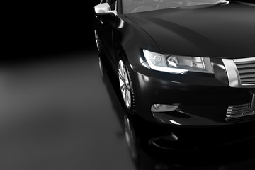 Obraz na płótnie Canvas Modern black metallic sedan car in spotlight. Generic desing, brandless.