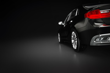 Modern black metallic sedan car in spotlight. Generic desing, brandless. - obrazy, fototapety, plakaty