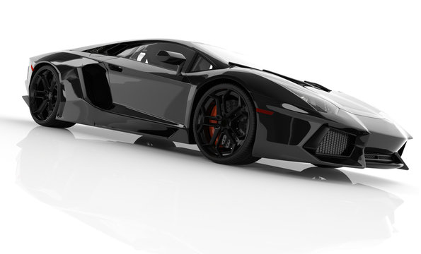 Black Fast Sports Car On White Background Studio. Shiny, New, Lu