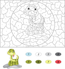 Cartoon snake. Color by number educational game for kids