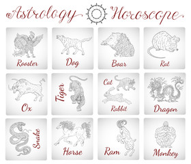 Astrology set with twelve chinese horoscope and zodiac animals
