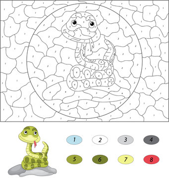 Cartoon snake. Color by number educational game for kids