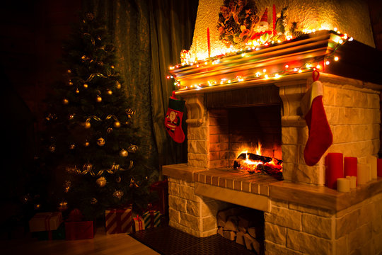 christmas interior with xmas tree, presents and fireplace