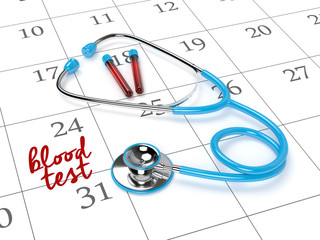 3d rendering of stethoscope, calendar and blood test note