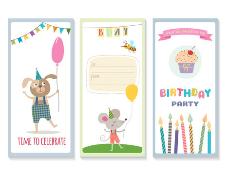 set of birthday greeting cards with cute animals