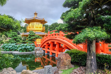 The golden pagoda and beautiful garden at Nan Lian public park Hong Kong.