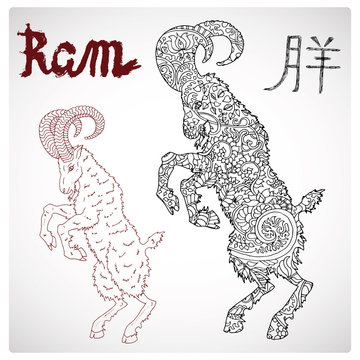 Zodiac illustration of ram or goat with zen floral pattern and lettering
