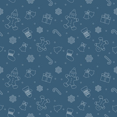 Christmas seamless pattern with gingerbread man, mittens, bells and snowflakes.