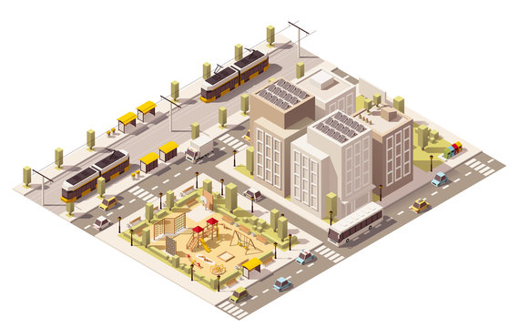 Vector isometric low poly commuter town infrastructure