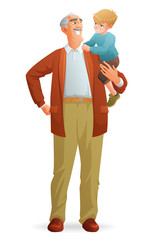 Smiling grandfather holding his grandson. Vector illustration isolated on white background.