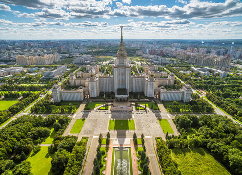 Moscow State University (MSU) on Sparrow Hills, urban landscape of Moscow, Russia.