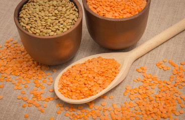 the seeds of red and green lentils on canvas
