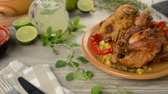 Spring baby chicken with garlic and thyme butter, roasted corn