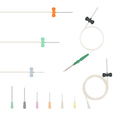 Butterfly needle, catheters with luer lock adapter, needles for syringe. Vector illustration.
