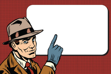 Male spy points a finger, retro background