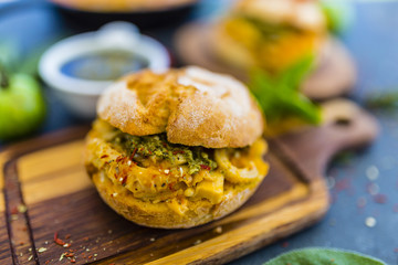 Tasty Italian street food, Lampredotto tripe with herbs delicacy of Tuscany.