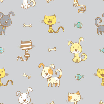 Seamless pattern with cute cartoon dogs  and cats on  gray  background. Little puppies and kitens with  bones and fishes. Children's illustration. Vector image. Funny animals.