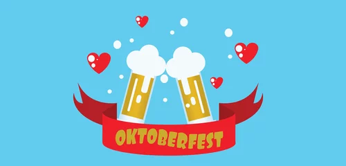 Fototapeten Vector flat style one floor house with trees, hearts and beer glasses over blue background. © frimufilms
