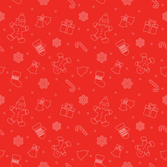 Christmas seamless pattern with gingerbread man, mittens, bells and snowflakes in bright red color. For print and web.