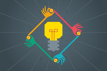 Crowdfunding cocept. Colorful graphic of many hands in poly shape around light bulb to give their fund to support good idea.