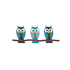 three beautiful little owl on a branch in the style flat