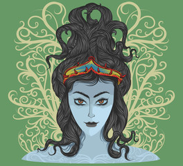 Beautiful tribal woman vector hand drawing theme t-shirt on a green background