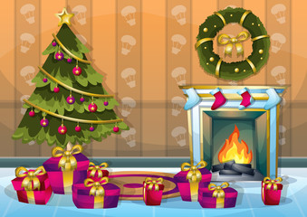 cartoon vector illustration interior Christmas room with separated layers in 2d graphic